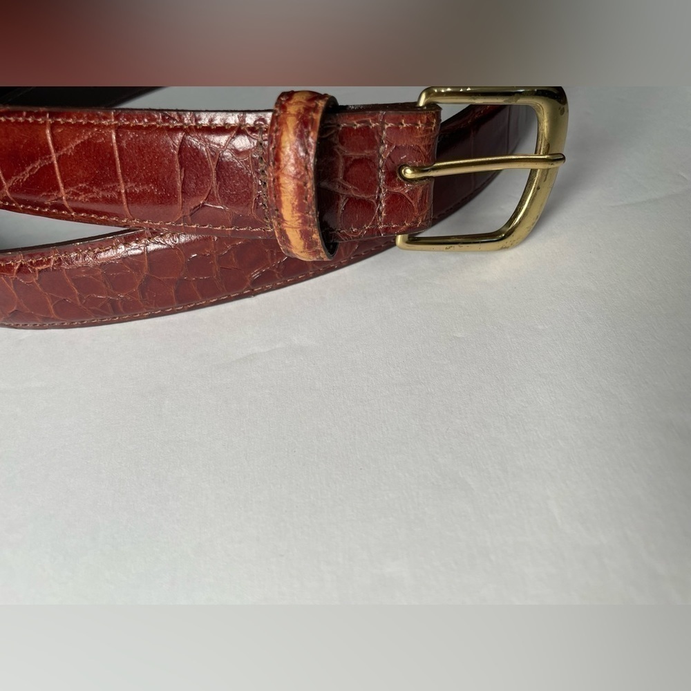 Mens Leather Belt Brown Size 50’ Top Grain Croc Print Solid Brass Hardware EUC - Picture 5 of 8